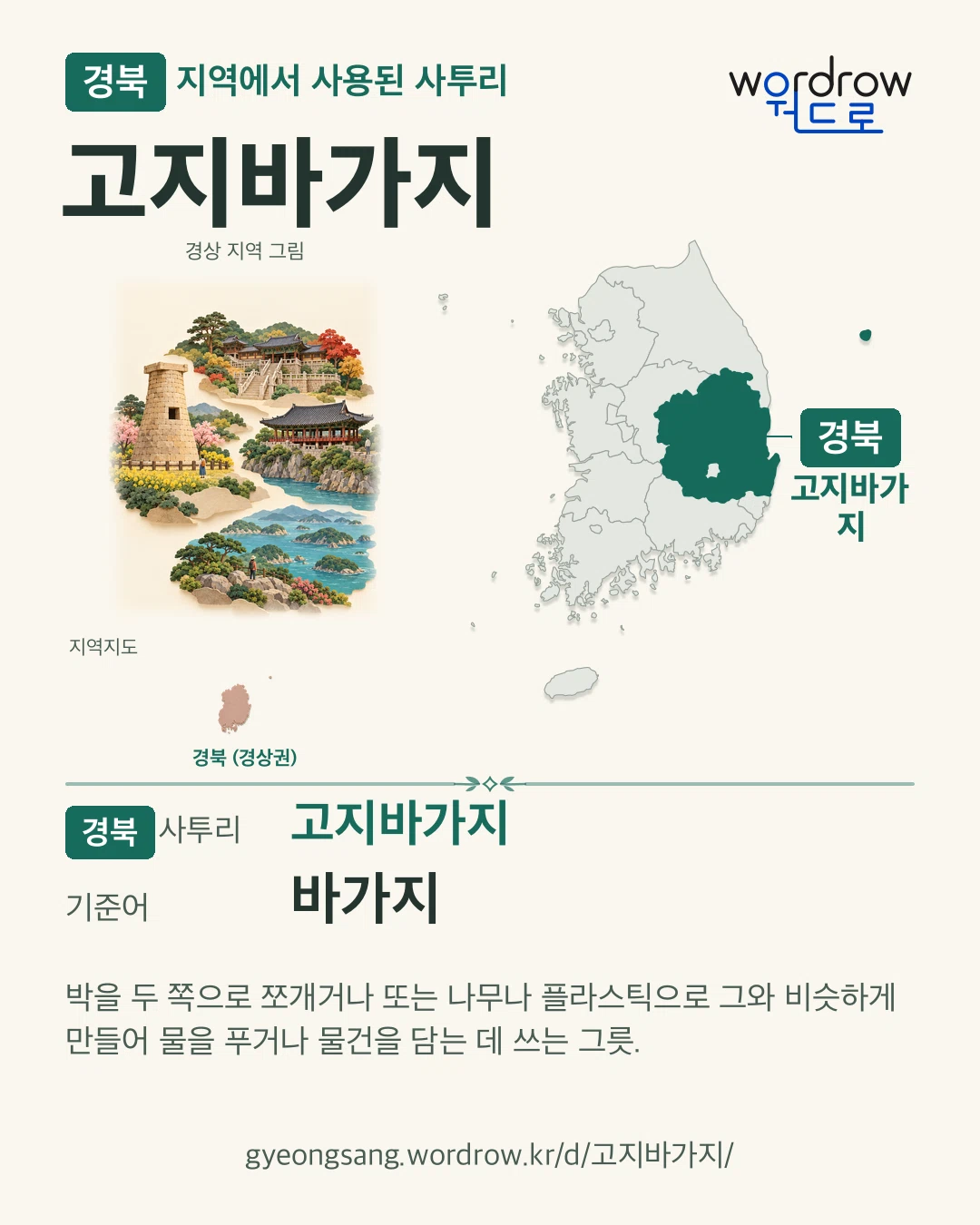 경북 지역에서 사용된 사투리 ‘고지바가지’. 기준어: 바가지. 기록 지역을 표시한 지역 그림과 지도 카드.