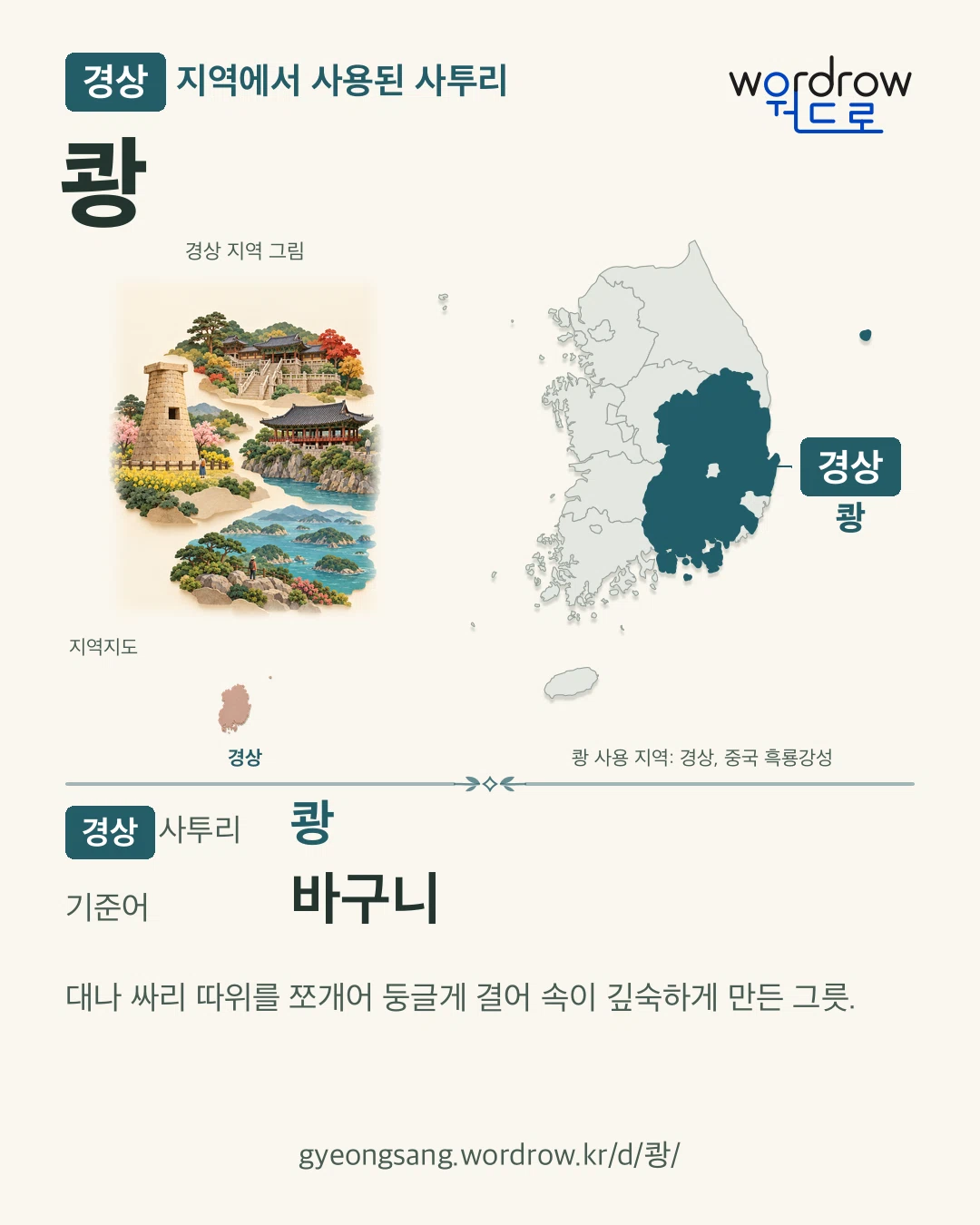경상 지역에서 사용된 사투리 ‘쾅’. 기준어: 바구니. 기록 지역을 표시한 지역 그림과 지도 카드.