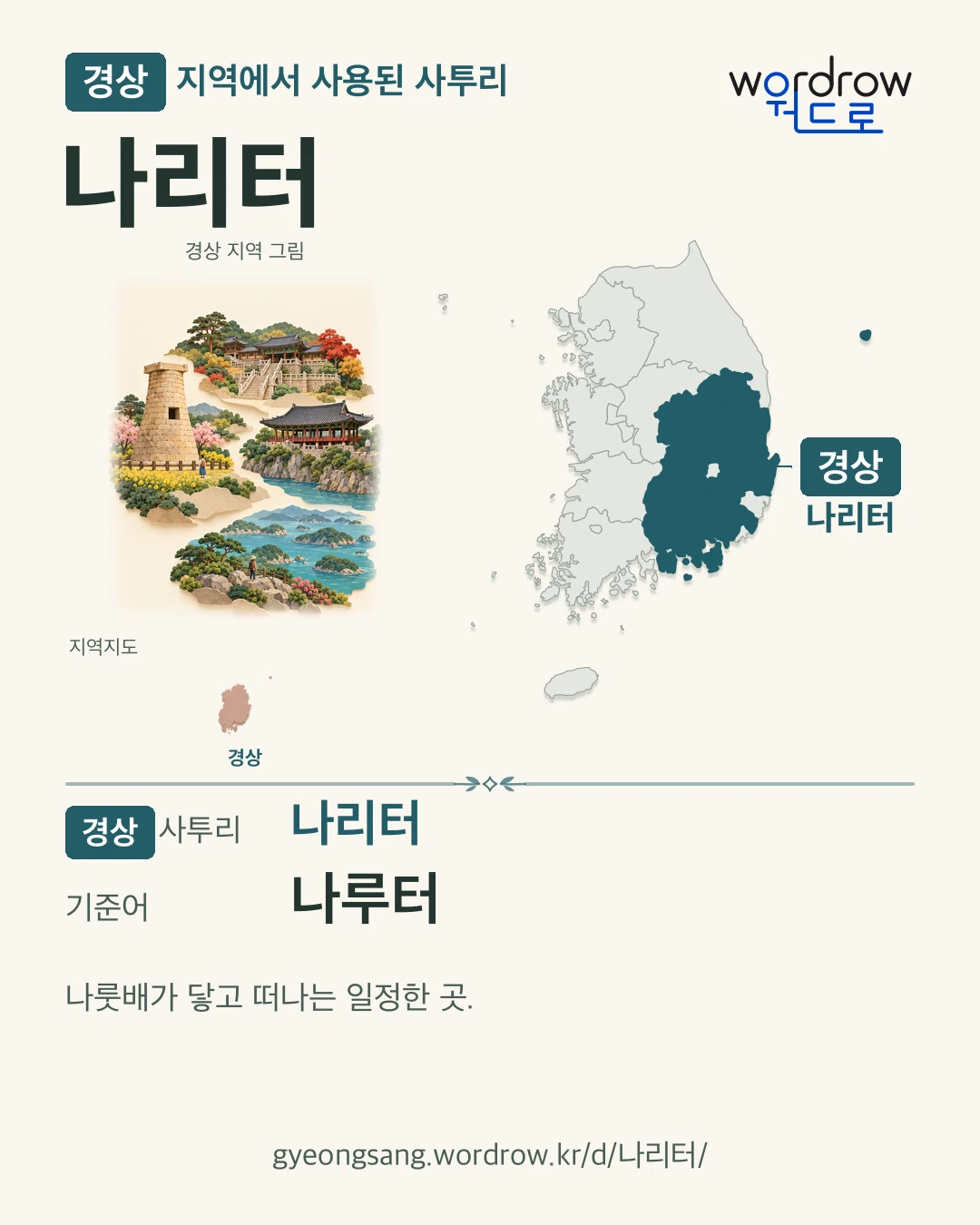 경상 지역에서 사용된 사투리 ‘나리터’. 기준어: 나루터. 기록 지역을 표시한 지역 그림과 지도 카드.