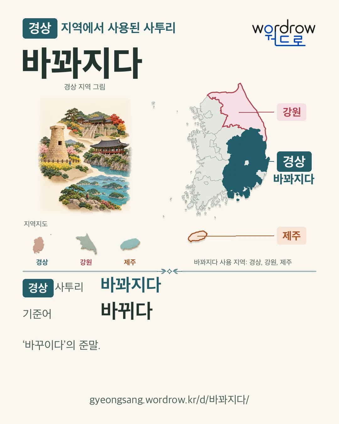 경상 지역에서 사용된 사투리 ‘바꽈지다’. 기준어: 바뀌다. 기록 지역을 표시한 지역 그림과 지도 카드.