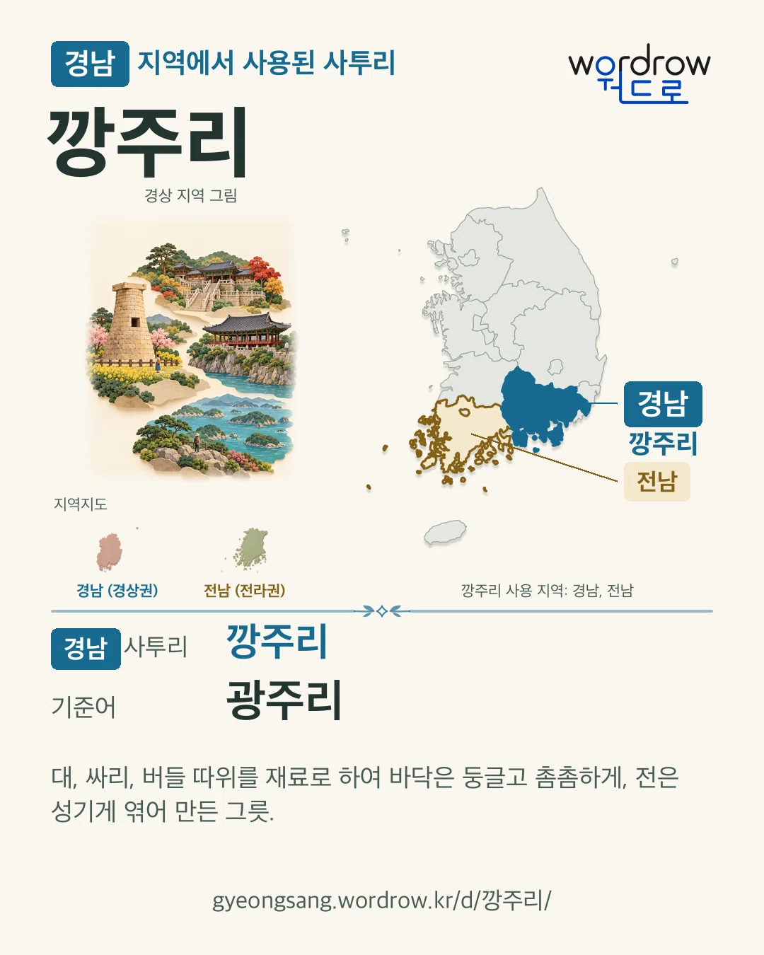 경남 지역에서 사용된 사투리 ‘깡주리’. 기준어: 광주리. 기록 지역을 표시한 지역 그림과 지도 카드.