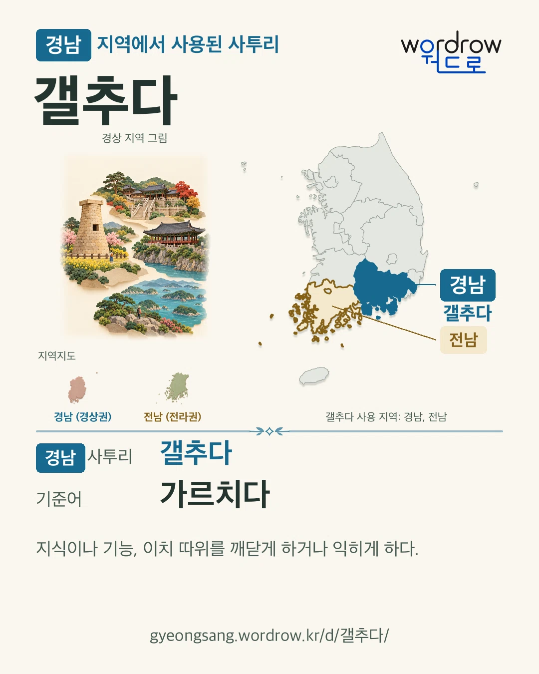 경남 지역에서 사용된 사투리 ‘갤추다’. 기준어: 가르치다. 기록 지역을 표시한 지역 그림과 지도 카드.