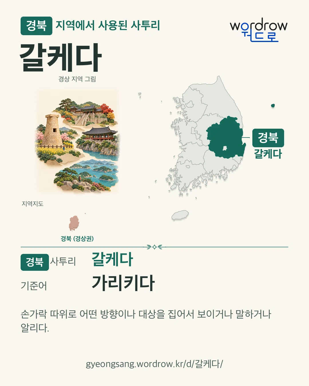 경북 지역에서 사용된 사투리 ‘갈케다’. 기준어: 가리키다. 기록 지역을 표시한 지역 그림과 지도 카드.
