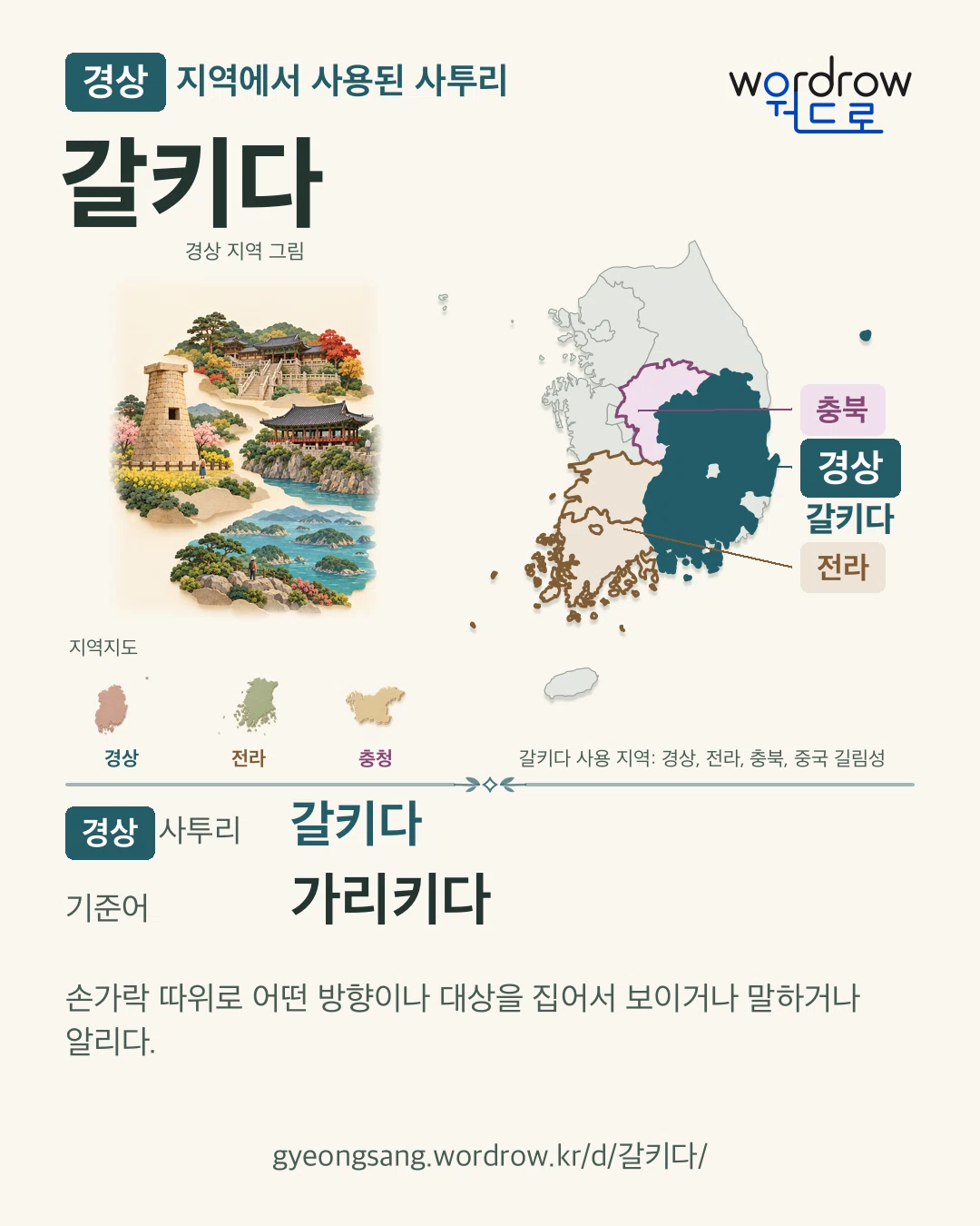 경상 지역에서 사용된 사투리 ‘갈키다’. 기준어: 가리키다. 기록 지역을 표시한 지역 그림과 지도 카드.