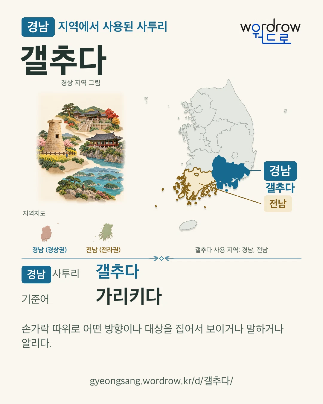경남 지역에서 사용된 사투리 ‘갤추다’. 기준어: 가리키다. 기록 지역을 표시한 지역 그림과 지도 카드.