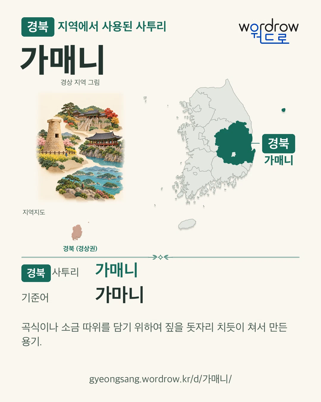 경북 지역에서 사용된 사투리 ‘가매니’. 기준어: 가마니. 기록 지역을 표시한 지역 그림과 지도 카드.