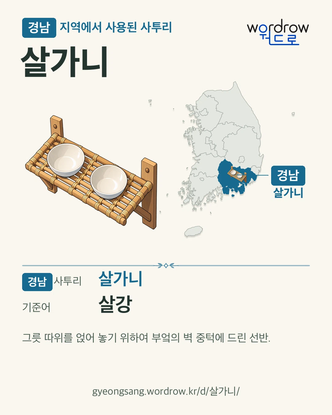 경남 지역에서 사용된 사투리 ‘살가니’. 기준어: 살강. 기록 지역을 표시한 카툰 삽화와 지도 카드.