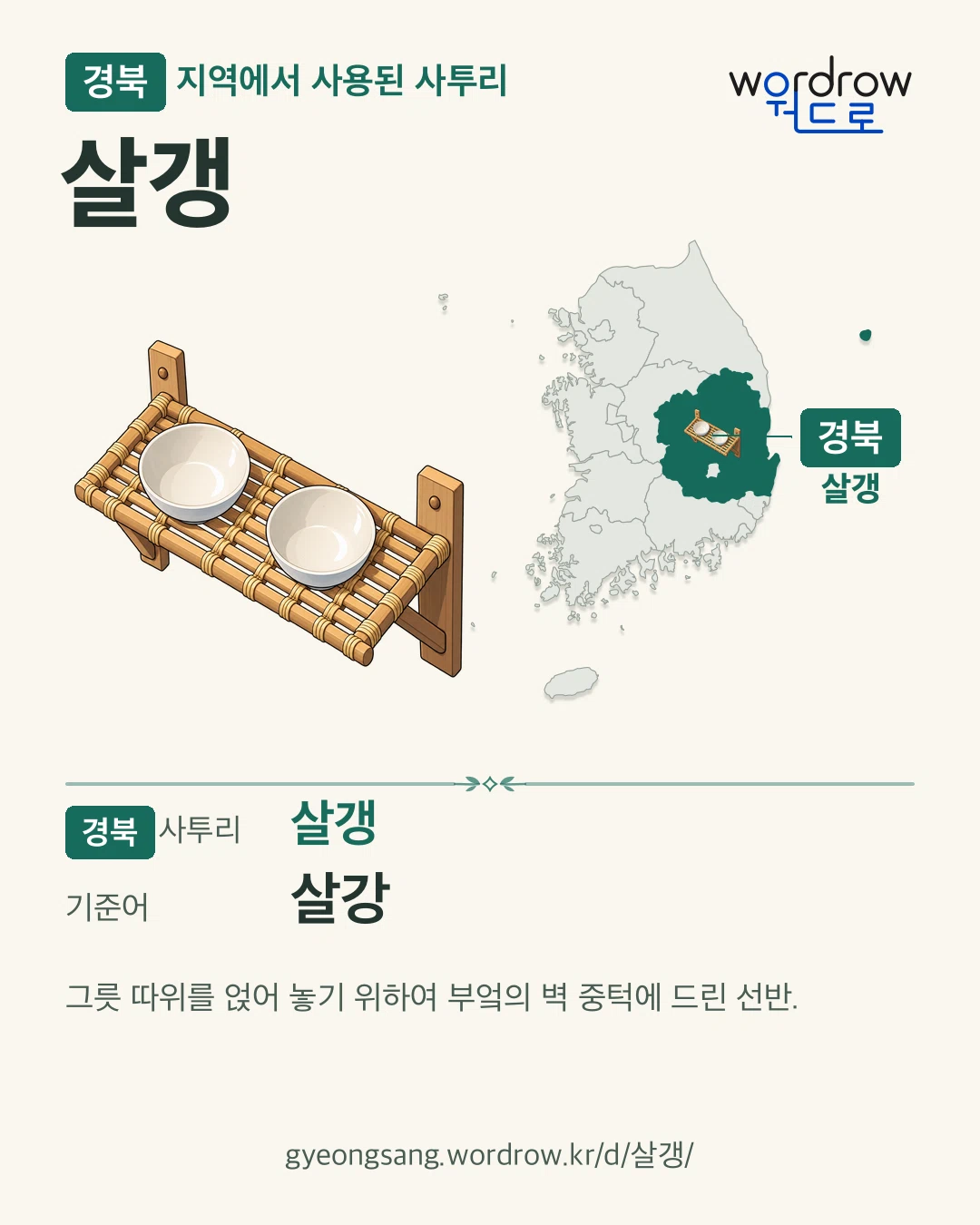 경북 지역에서 사용된 사투리 ‘살갱’. 기준어: 살강. 기록 지역을 표시한 카툰 삽화와 지도 카드.