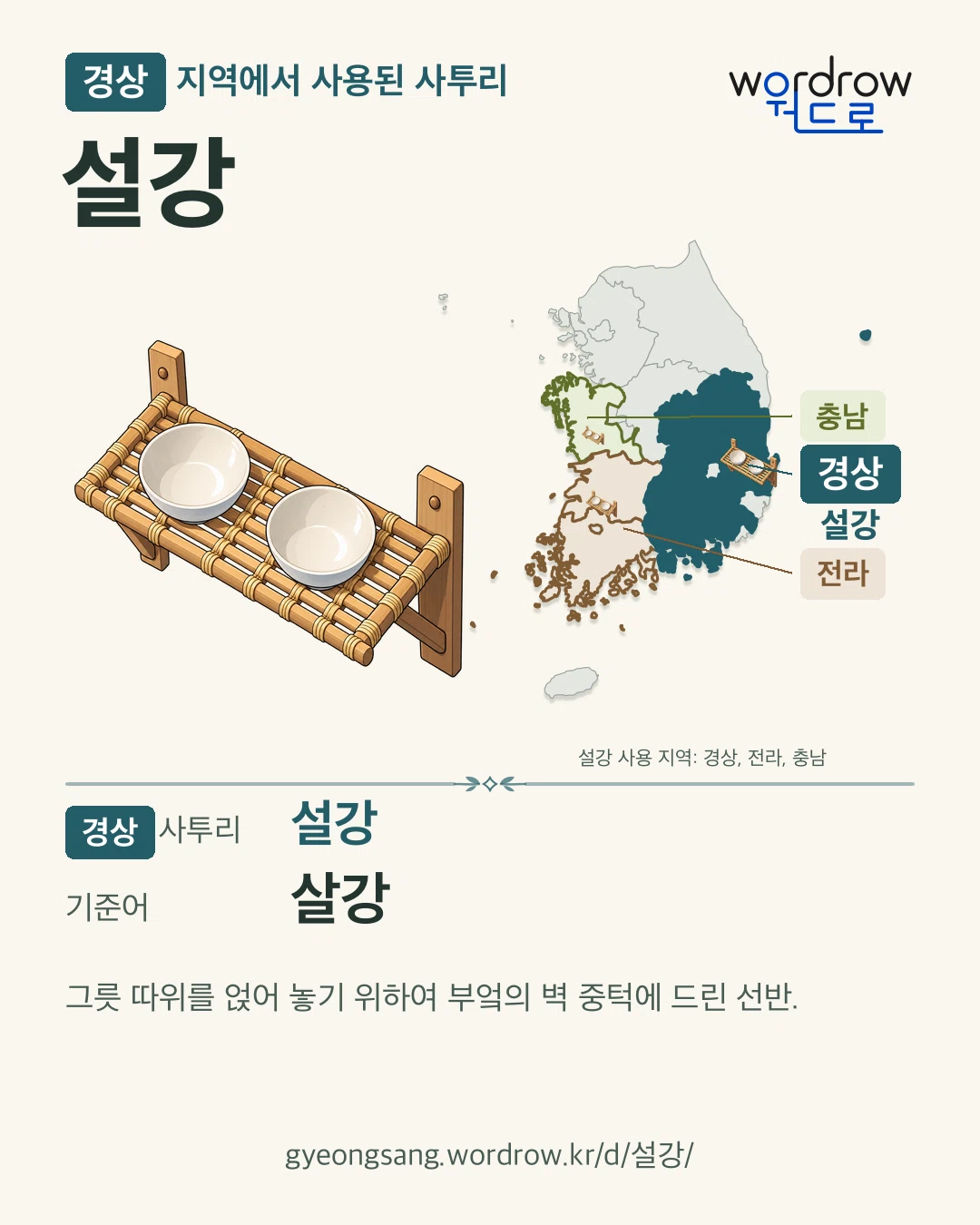 경상 지역에서 사용된 사투리 ‘설강’. 기준어: 살강. 기록 지역을 표시한 카툰 삽화와 지도 카드.