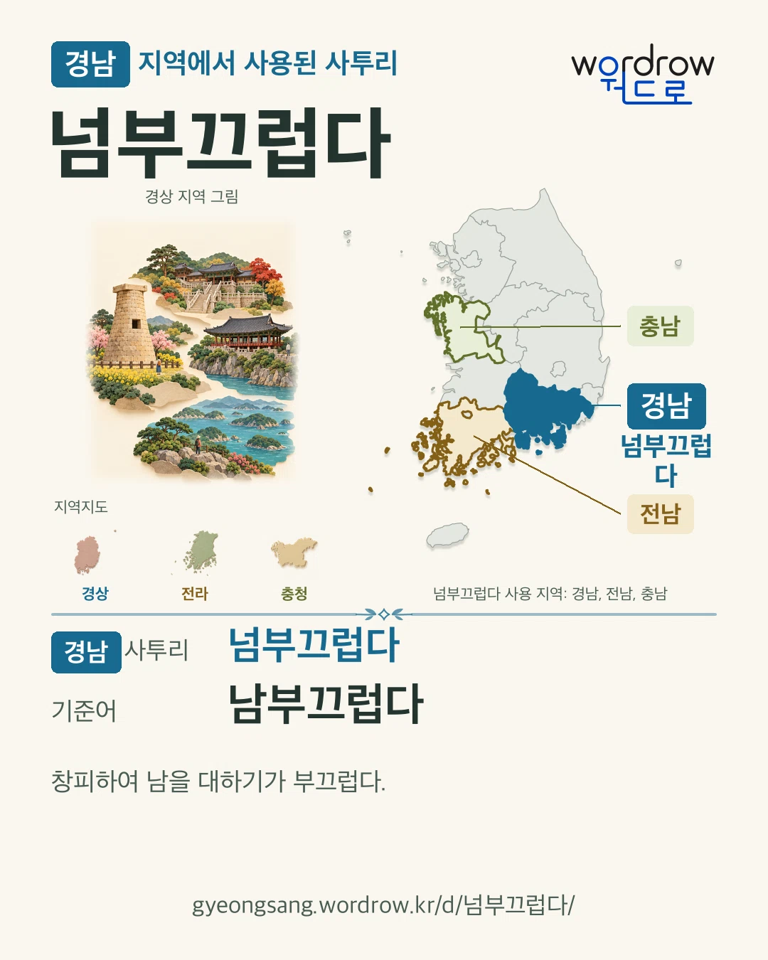 경남 지역에서 사용된 사투리 ‘넘부끄럽다’. 기준어: 남부끄럽다. 기록 지역을 표시한 지역 그림과 지도 카드.