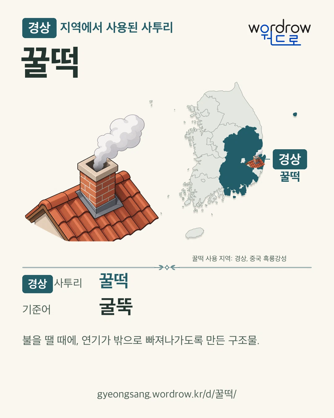 경상 지역에서 사용된 사투리 ‘꿀떡’. 기준어: 굴뚝. 기록 지역을 표시한 카툰 삽화와 지도 카드.