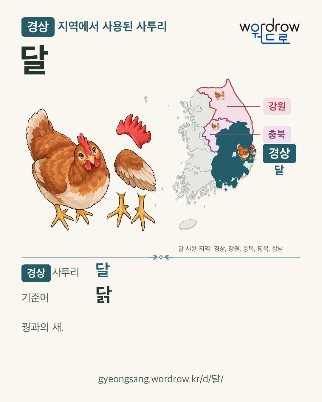경상 지역에서 사용된 사투리 ‘달’. 기준어: 닭. 기록 지역을 표시한 카툰 삽화와 지도 카드.