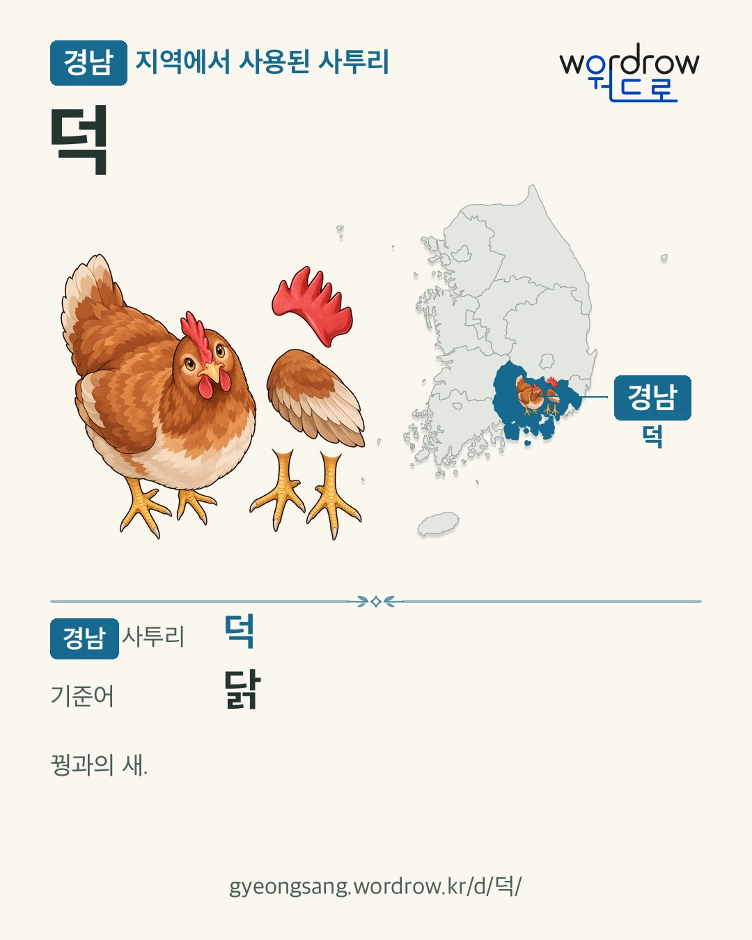 경남 지역에서 사용된 사투리 ‘덕’. 기준어: 닭. 기록 지역을 표시한 카툰 삽화와 지도 카드.