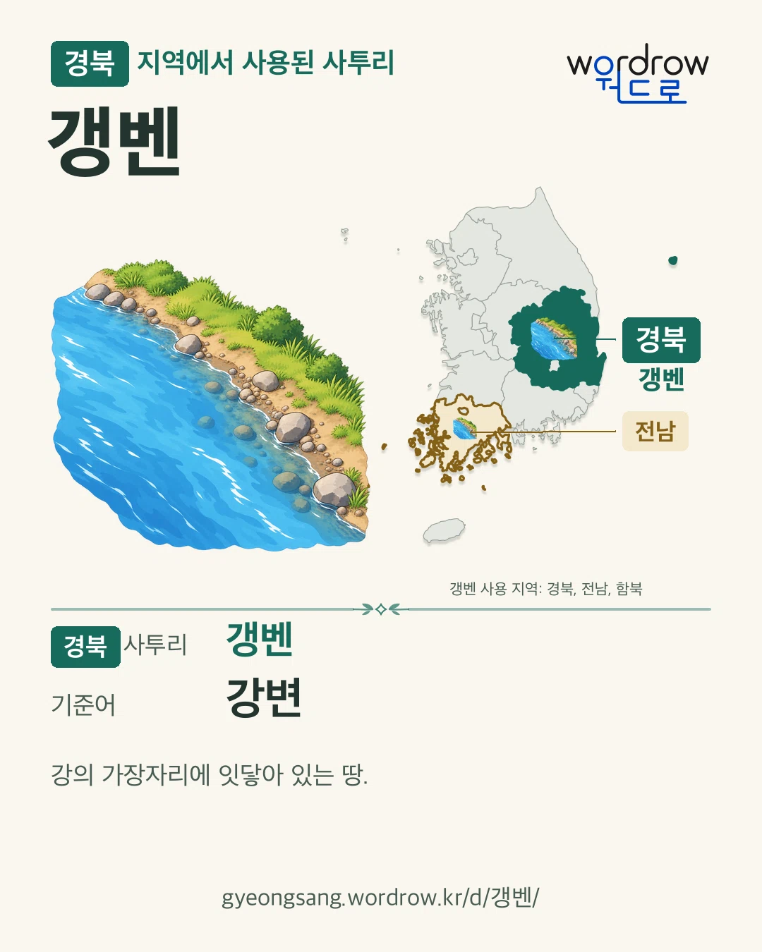 경북 지역에서 사용된 사투리 ‘갱벤’. 기준어: 강변. 기록 지역을 표시한 카툰 삽화와 지도 카드.