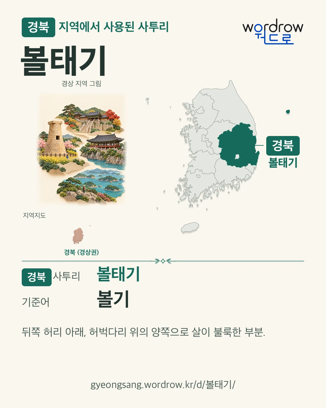 경북 지역에서 사용된 사투리 ‘볼태기’. 기준어: 볼기. 기록 지역을 표시한 지역 그림과 지도 카드.