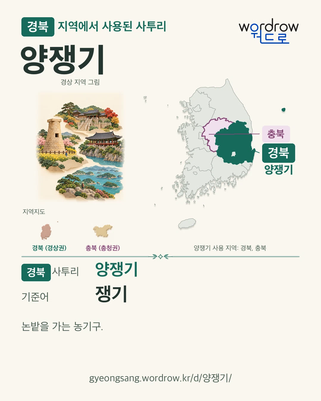 경북 지역에서 사용된 사투리 ‘양쟁기’. 기준어: 쟁기. 기록 지역을 표시한 지역 그림과 지도 카드.
