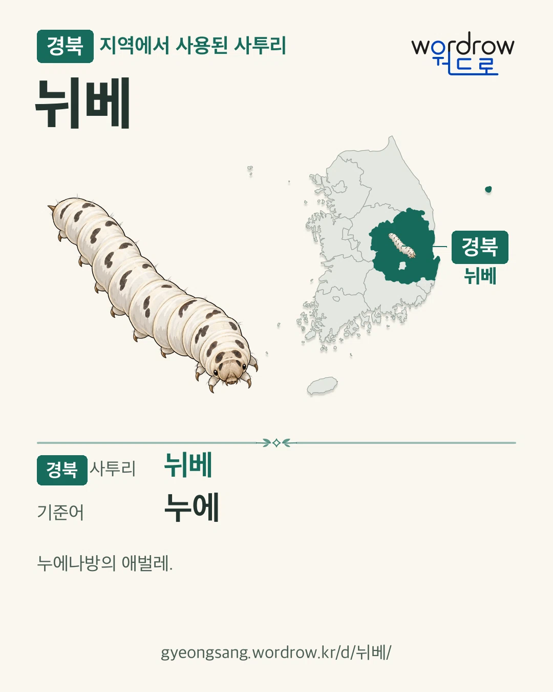 경북 지역에서 사용된 사투리 ‘뉘베’. 기준어: 누에. 기록 지역을 표시한 카툰 삽화와 지도 카드.