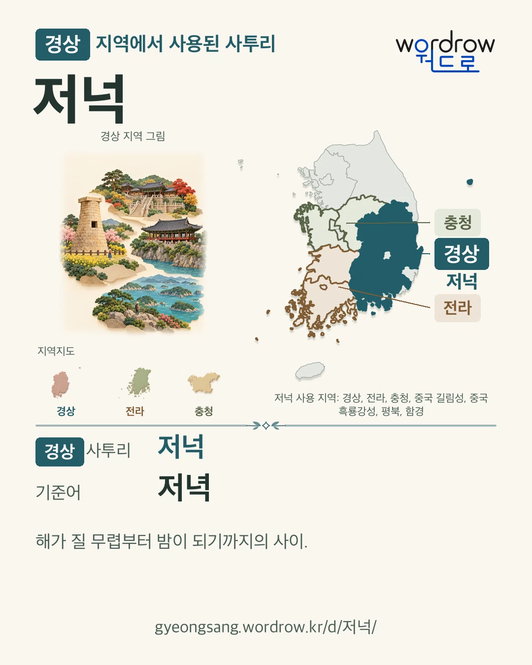 경상 지역에서 사용된 사투리 ‘저넉’. 기준어: 저녁. 기록 지역을 표시한 지역 그림과 지도 카드.