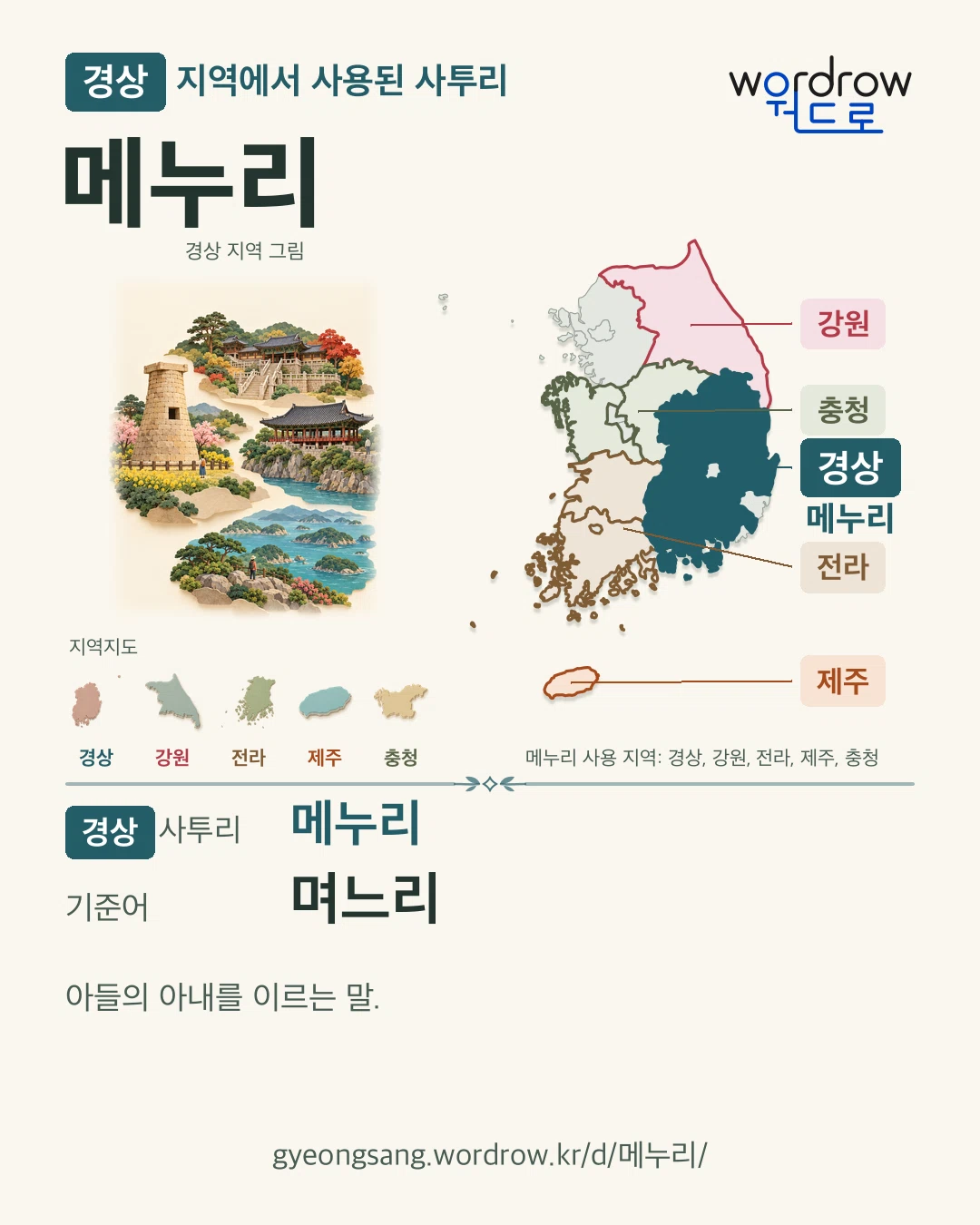 경상 지역에서 사용된 사투리 ‘메누리’. 기준어: 며느리. 기록 지역을 표시한 지역 그림과 지도 카드.