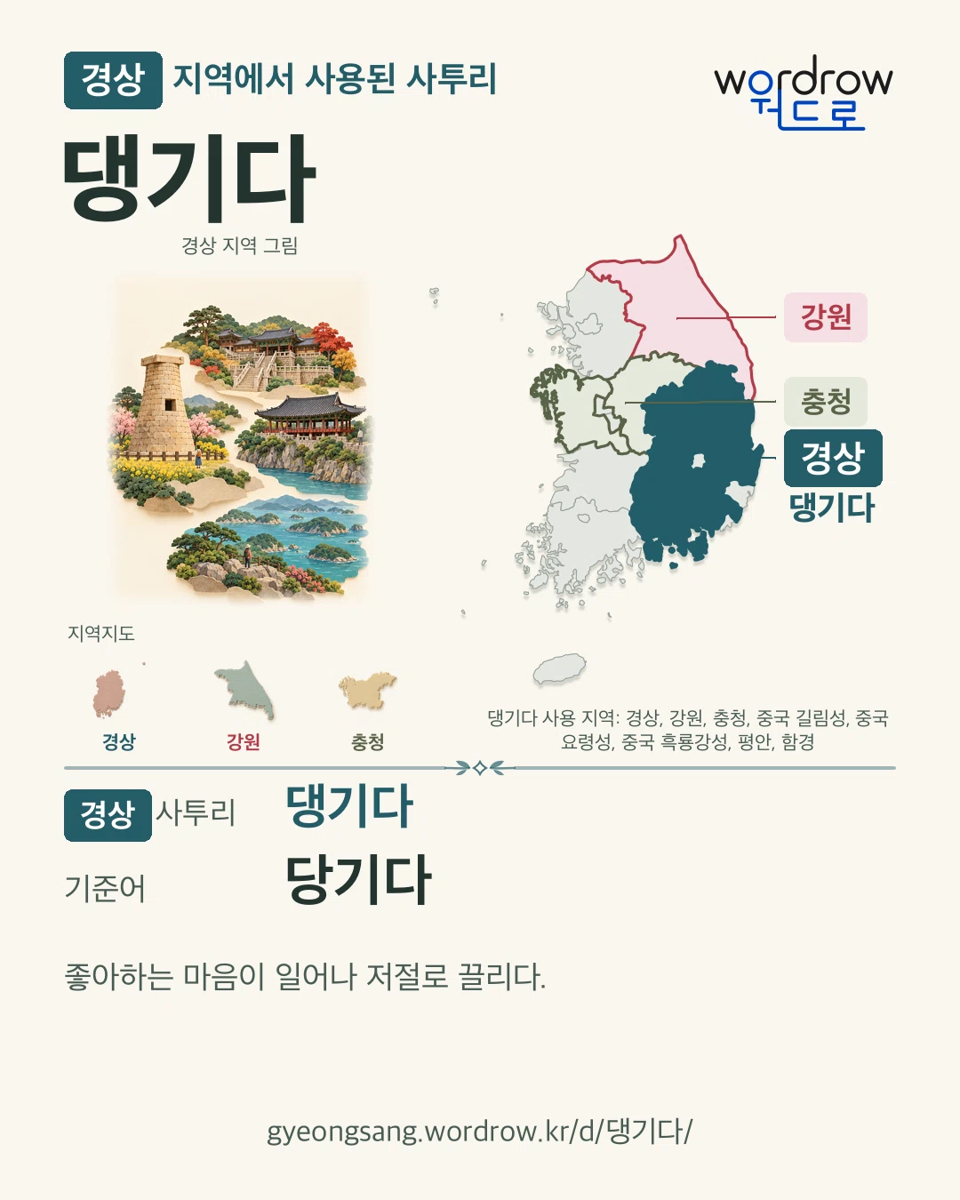 경상 지역에서 사용된 사투리 ‘댕기다’. 기준어: 당기다. 기록 지역을 표시한 지역 그림과 지도 카드.