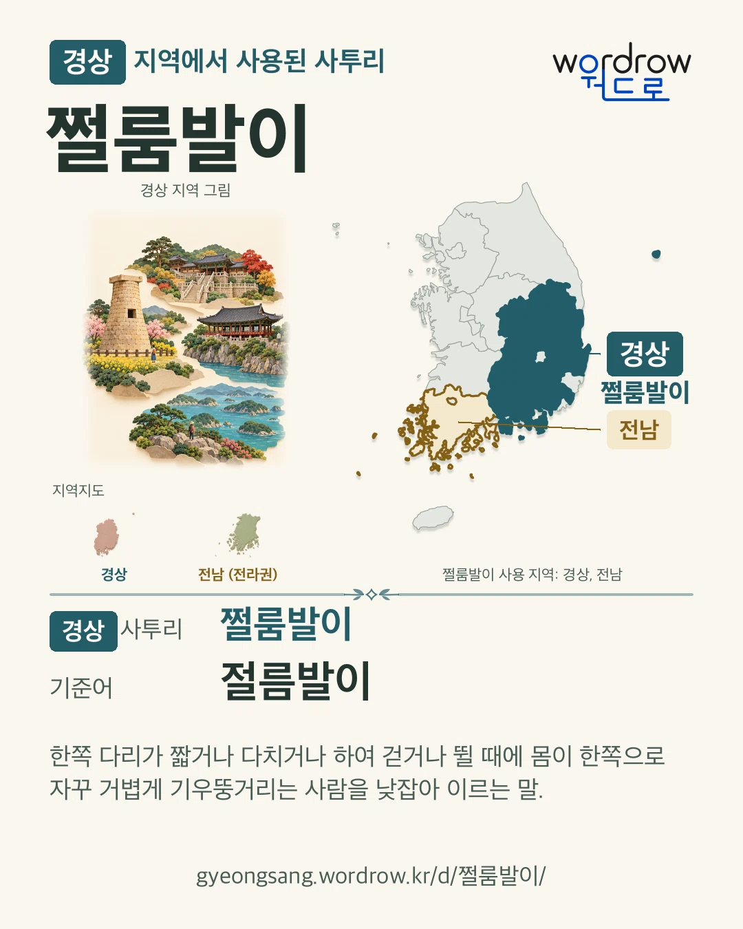 경상 지역에서 사용된 사투리 ‘쩔룸발이’. 기준어: 절름발이. 기록 지역을 표시한 지역 그림과 지도 카드.