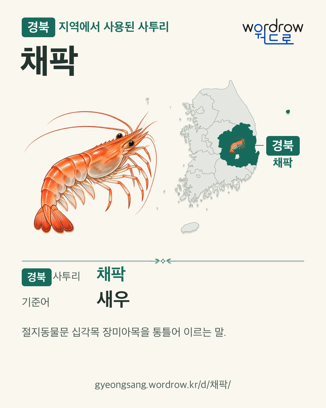 경북 지역에서 사용된 사투리 ‘채팍’. 기준어: 새우. 기록 지역을 표시한 카툰 삽화와 지도 카드.