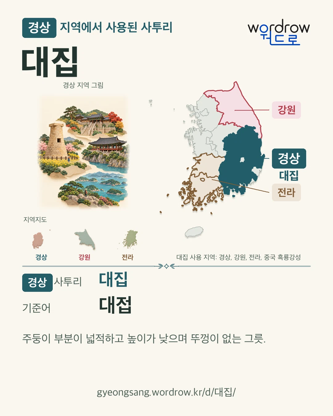경상 지역에서 사용된 사투리 ‘대집’. 기준어: 대접. 기록 지역을 표시한 지역 그림과 지도 카드.