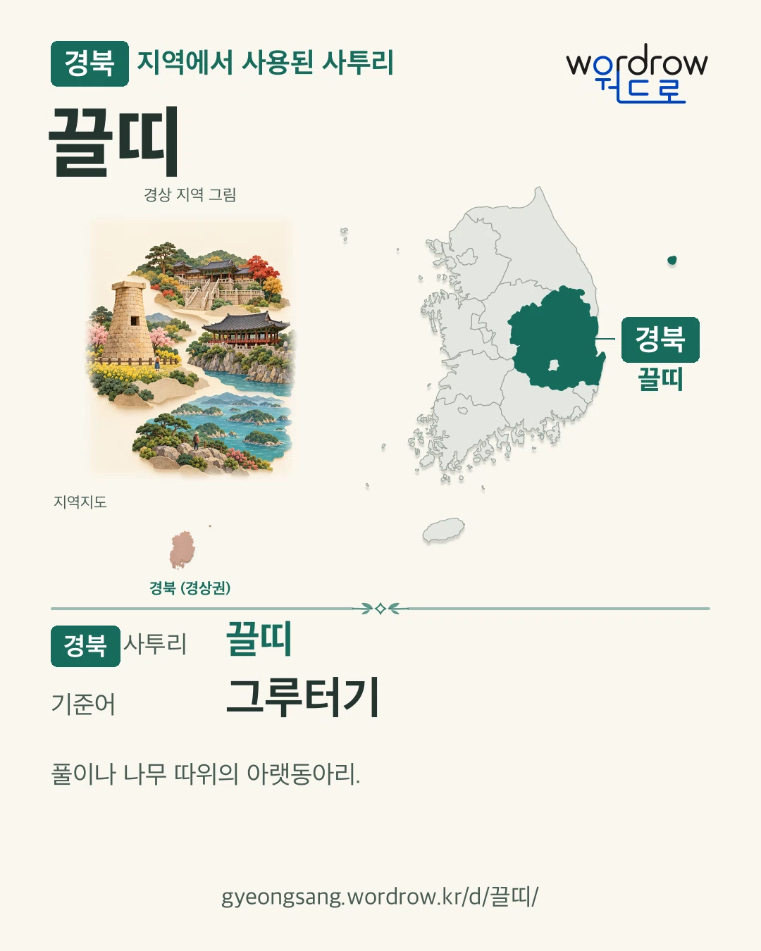 경북 지역에서 사용된 사투리 ‘끌띠’. 기준어: 그루터기. 기록 지역을 표시한 지역 그림과 지도 카드.