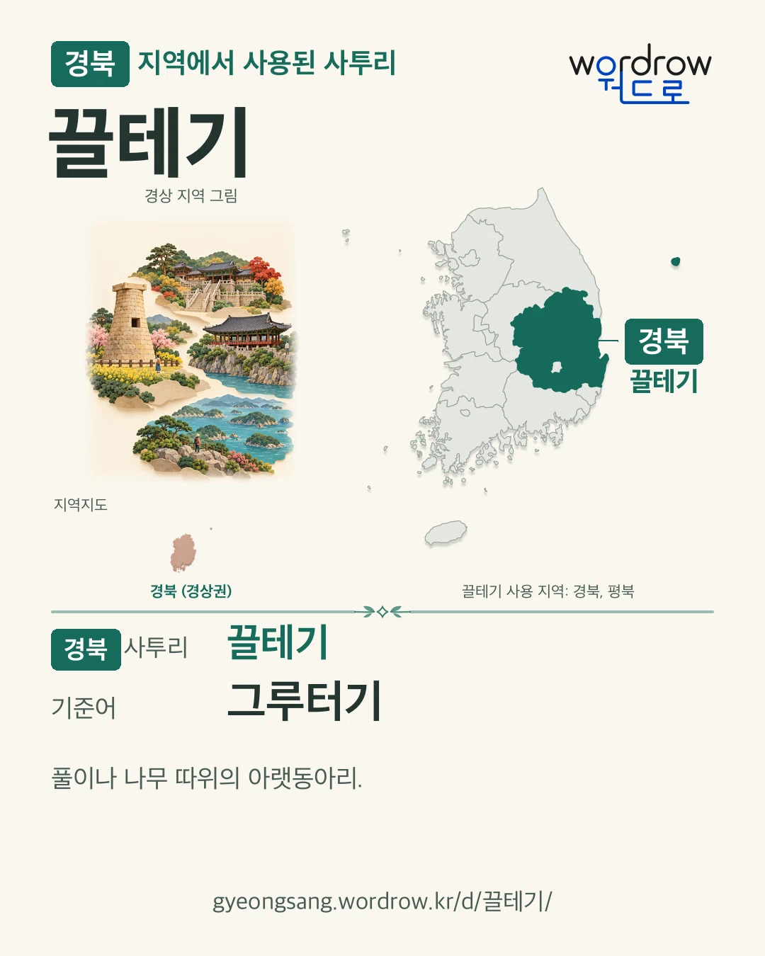 경북 지역에서 사용된 사투리 ‘끌테기’. 기준어: 그루터기. 기록 지역을 표시한 지역 그림과 지도 카드.