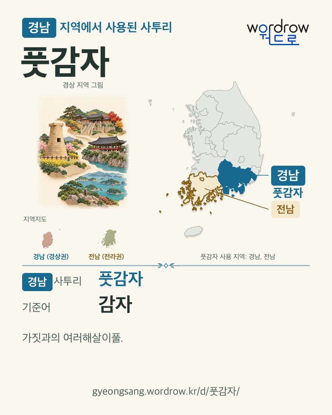 경남 지역에서 사용된 사투리 ‘풋감자’. 기준어: 감자. 기록 지역을 표시한 지역 그림과 지도 카드.