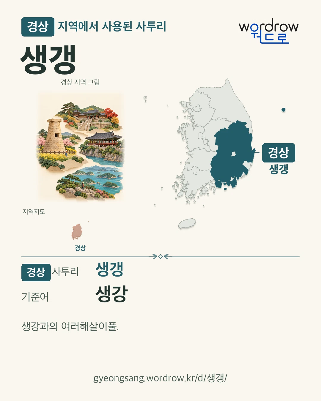 경상 지역에서 사용된 사투리 ‘생갱’. 기준어: 생강. 기록 지역을 표시한 지역 그림과 지도 카드.