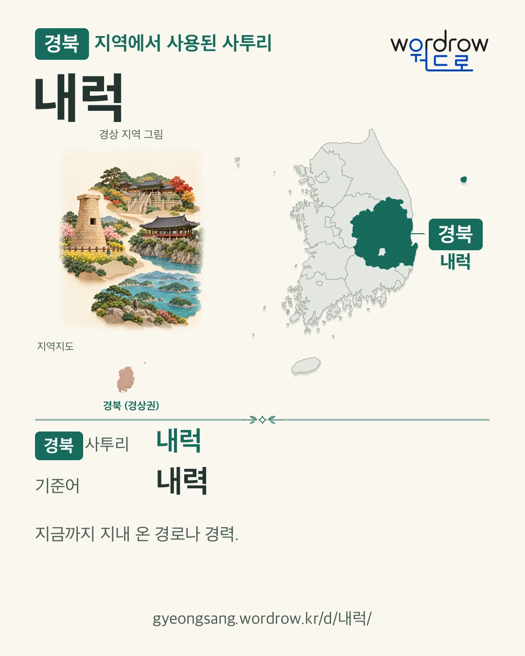 경북 지역에서 사용된 사투리 ‘내럭’. 기준어: 내력. 기록 지역을 표시한 지역 그림과 지도 카드.
