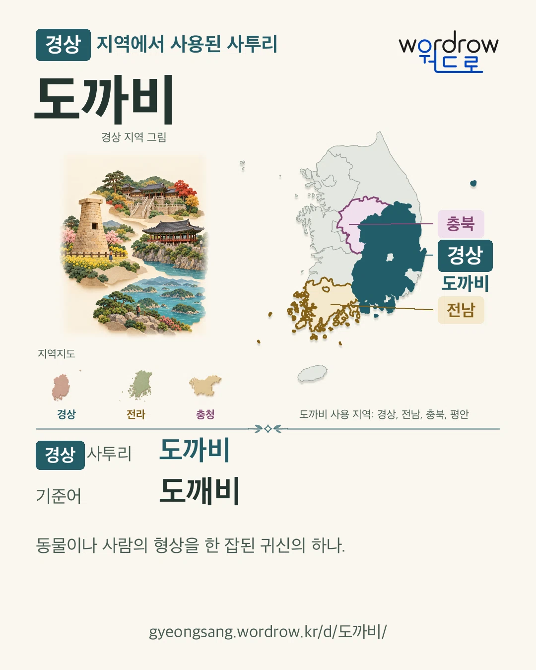 경상 지역에서 사용된 사투리 ‘도까비’. 기준어: 도깨비. 기록 지역을 표시한 지역 그림과 지도 카드.