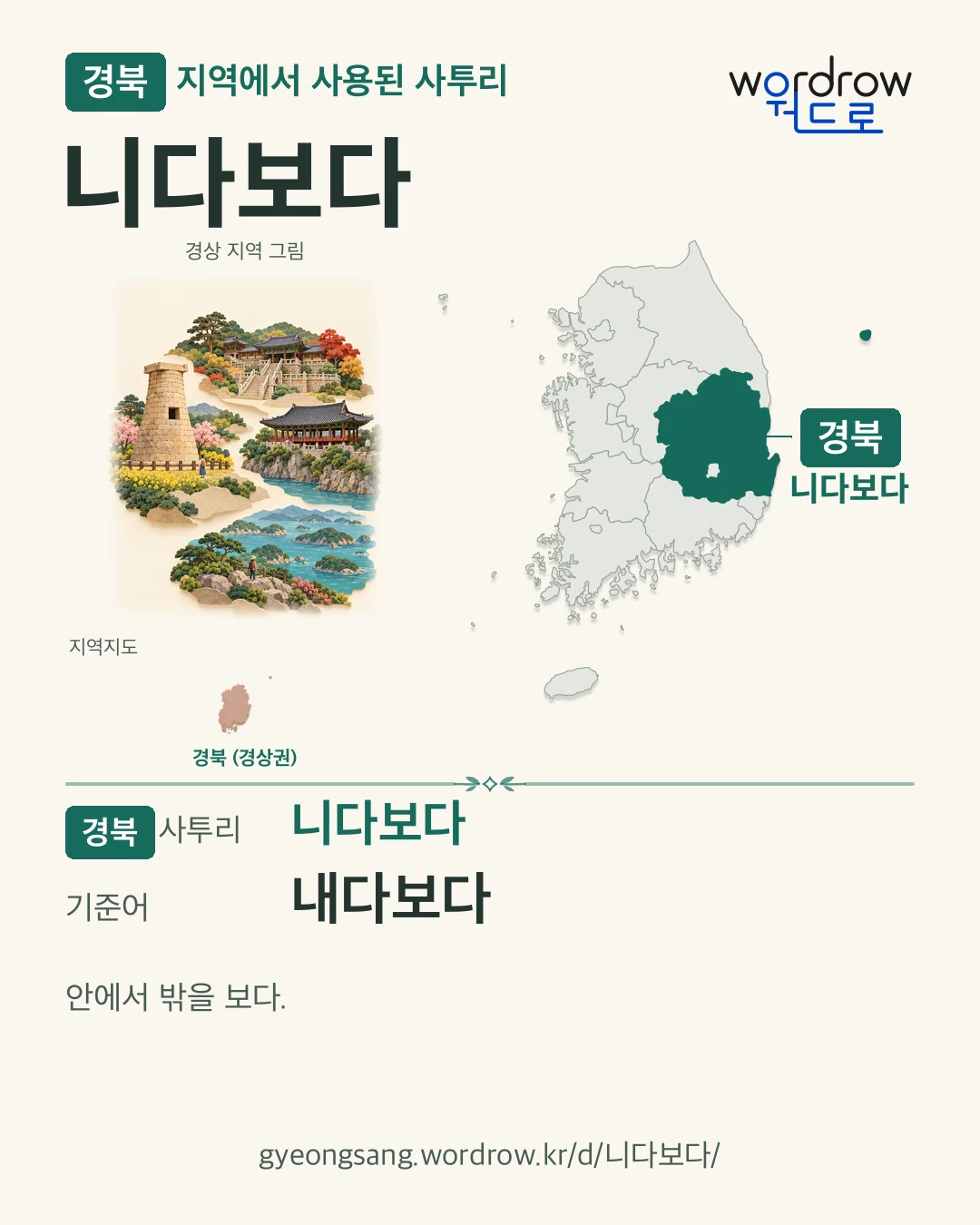 경북 지역에서 사용된 사투리 ‘니다보다’. 기준어: 내다보다. 기록 지역을 표시한 지역 그림과 지도 카드.