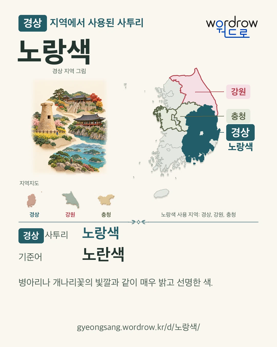 경상 지역에서 사용된 사투리 ‘노랑색’. 기준어: 노란색. 기록 지역을 표시한 지역 그림과 지도 카드.