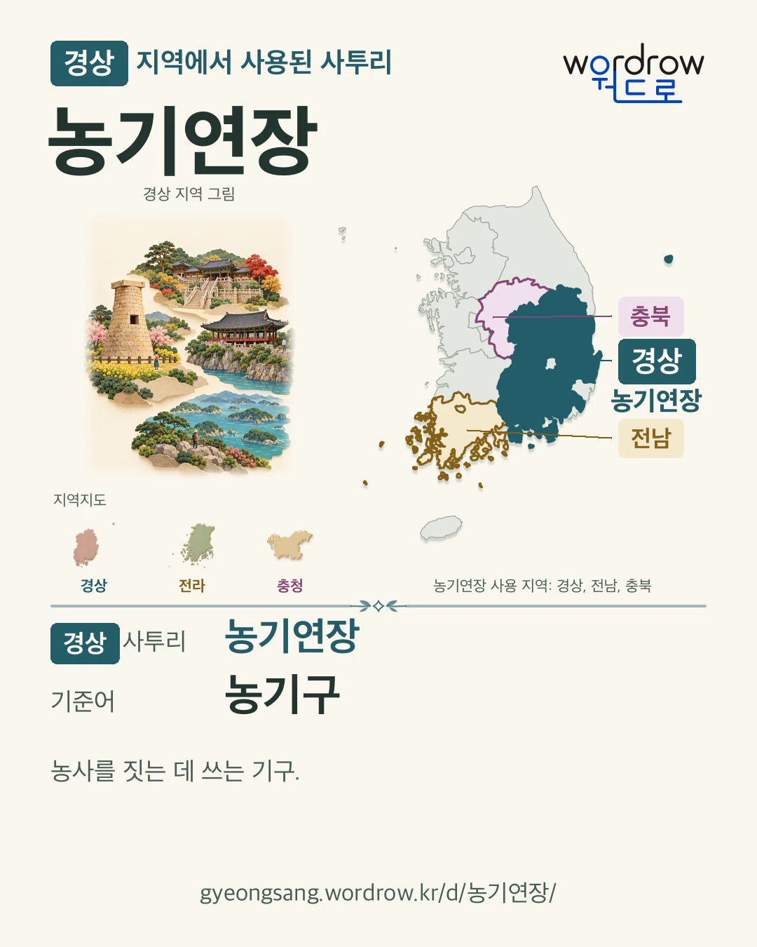 경상 지역에서 사용된 사투리 ‘농기연장’. 기준어: 농기구. 기록 지역을 표시한 지역 그림과 지도 카드.