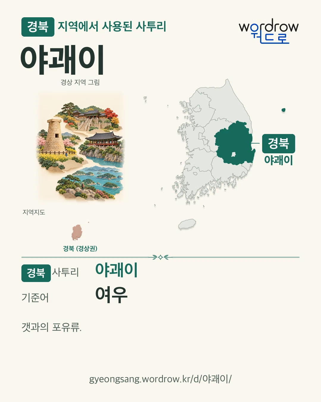 경북 지역에서 사용된 사투리 ‘야괘이’. 기준어: 여우. 기록 지역을 표시한 지역 그림과 지도 카드.