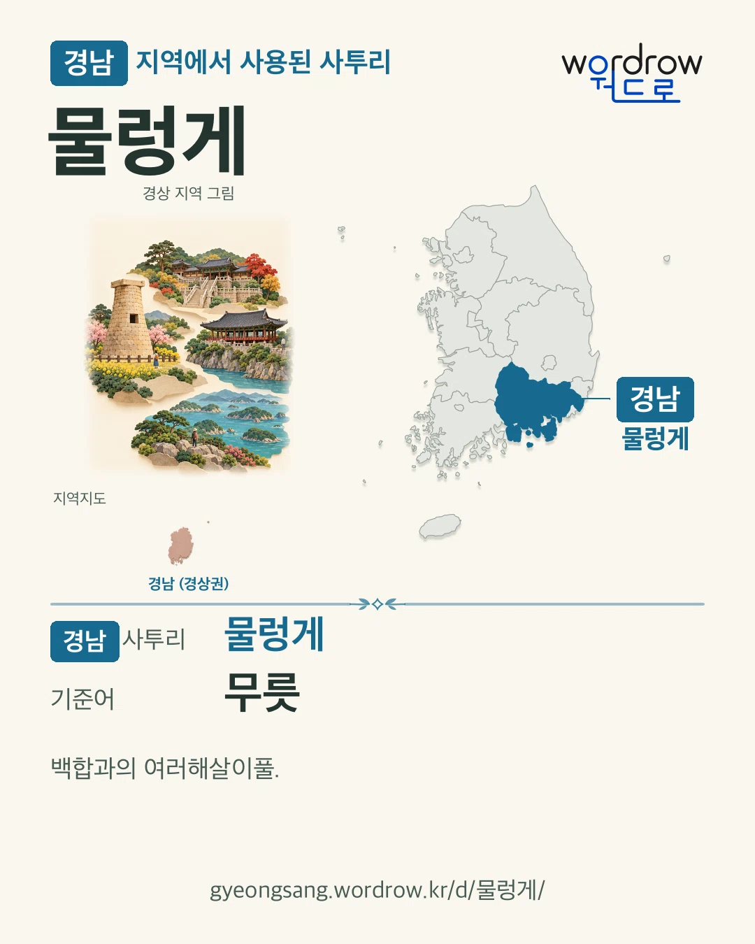 경남 지역에서 사용된 사투리 ‘물렁게’. 기준어: 무릇. 기록 지역을 표시한 지역 그림과 지도 카드.