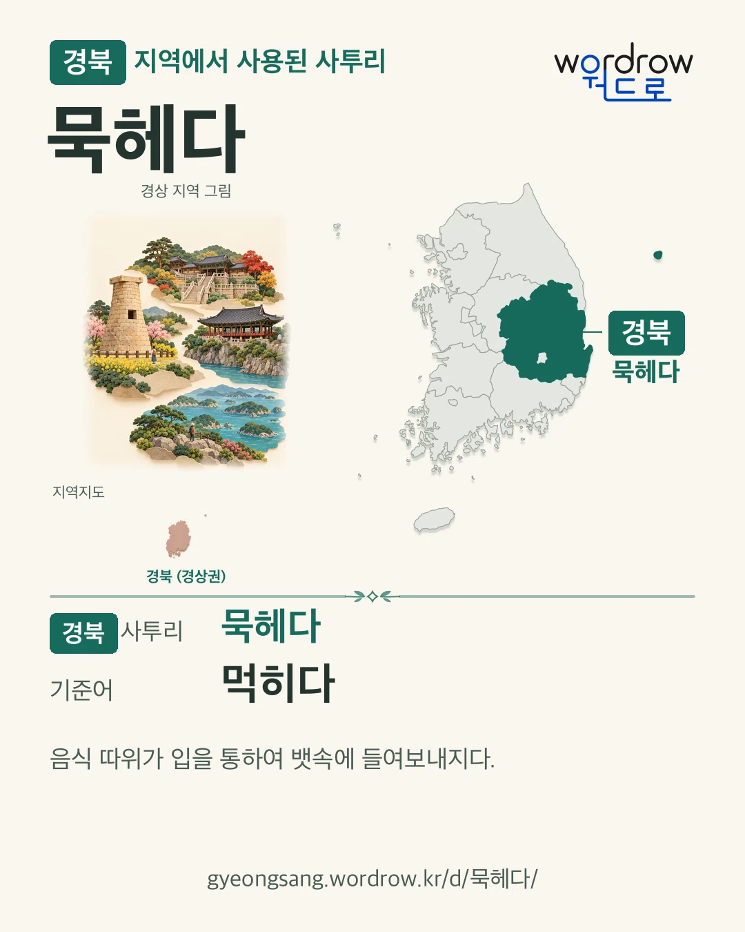 경북 지역에서 사용된 사투리 ‘묵헤다’. 기준어: 먹히다. 기록 지역을 표시한 지역 그림과 지도 카드.