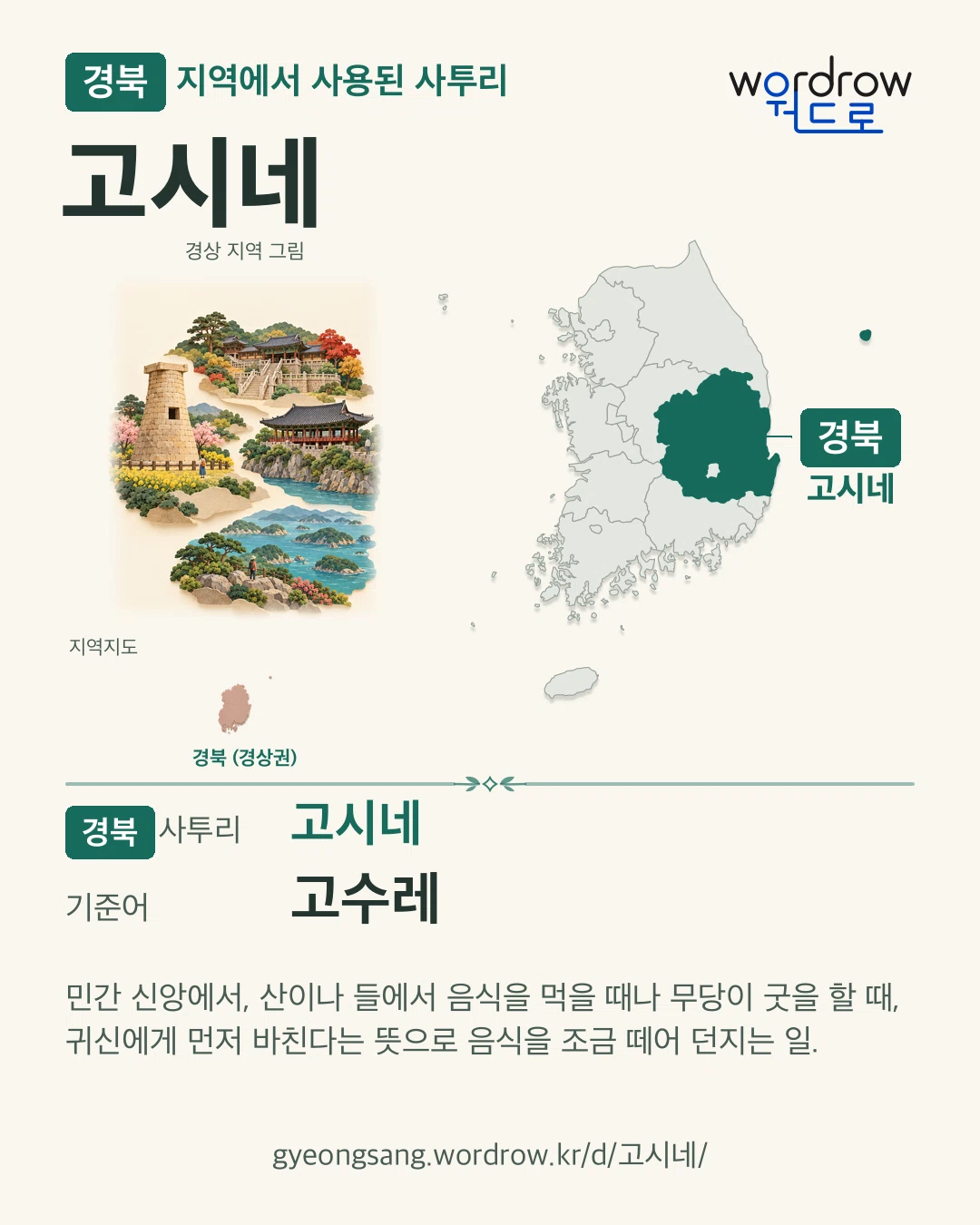 경북 지역에서 사용된 사투리 ‘고시네’. 기준어: 고수레. 기록 지역을 표시한 지역 그림과 지도 카드.