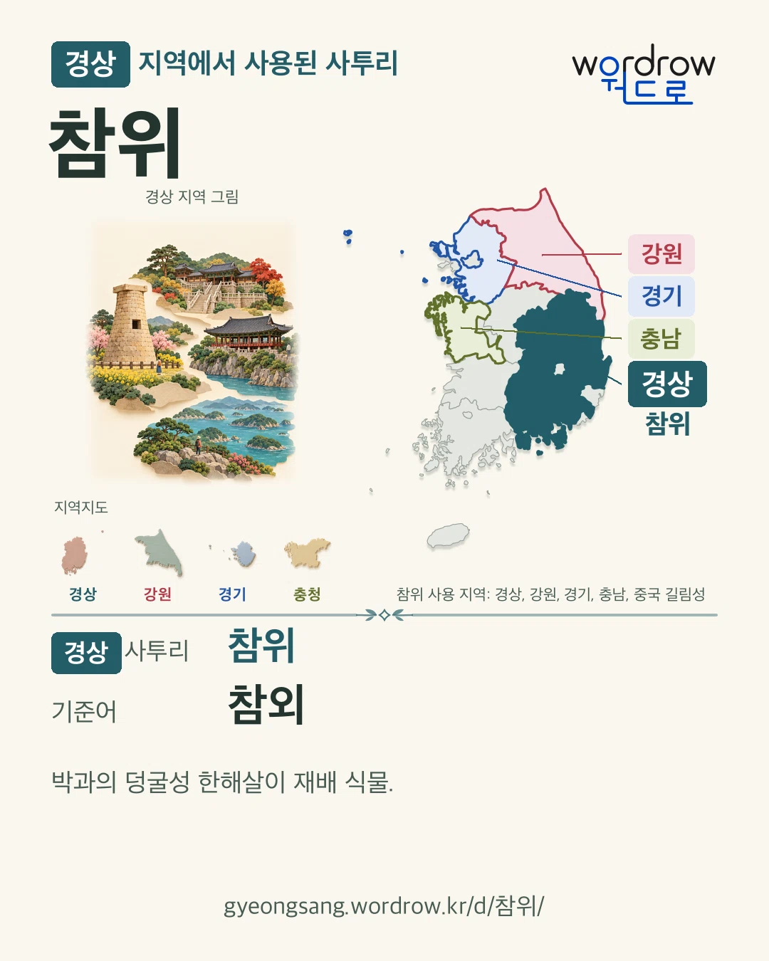경상 지역에서 사용된 사투리 ‘참위’. 기준어: 참외. 기록 지역을 표시한 지역 그림과 지도 카드.