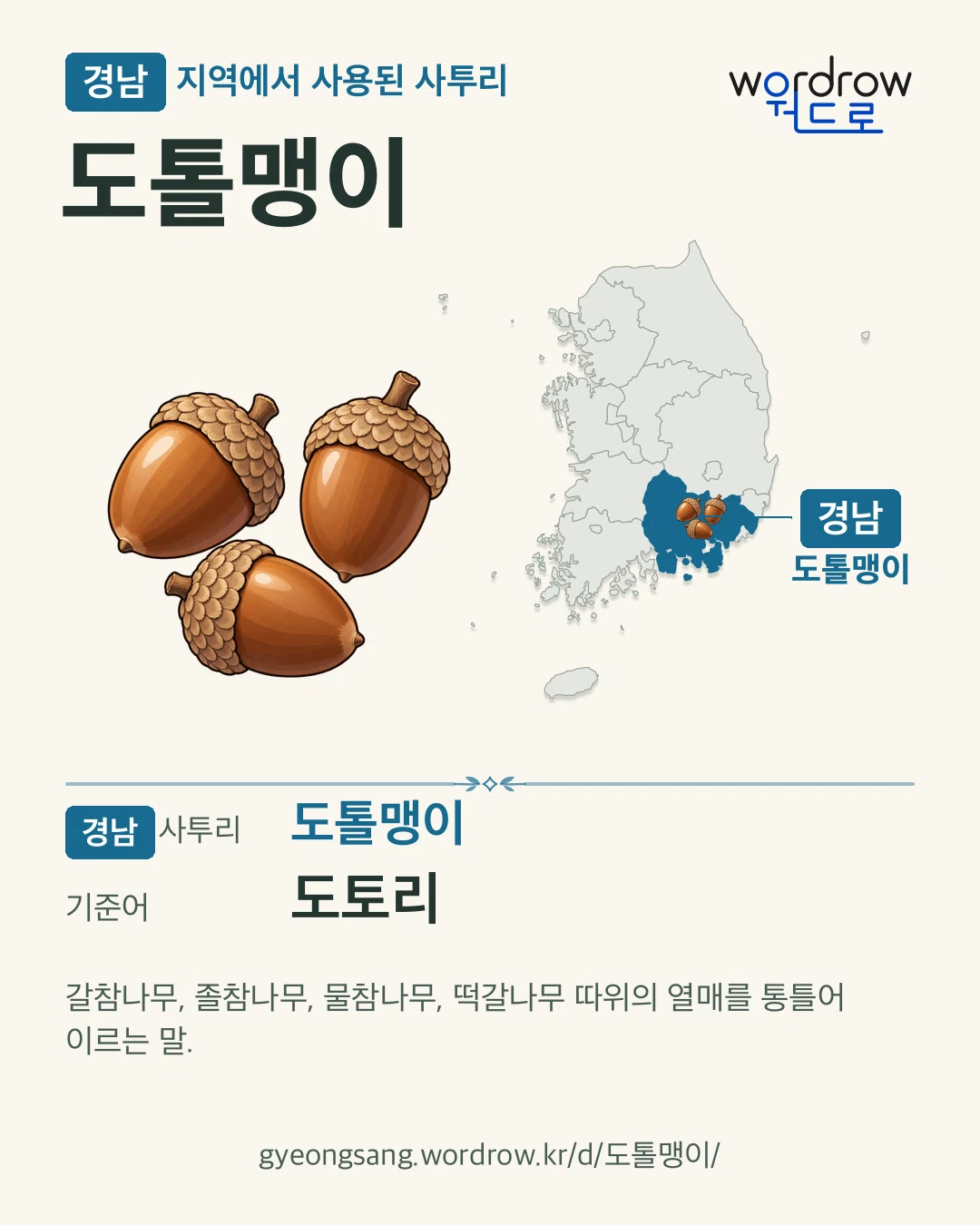경남 지역에서 사용된 사투리 ‘도톨맹이’. 기준어: 도토리. 기록 지역을 표시한 카툰 삽화와 지도 카드.