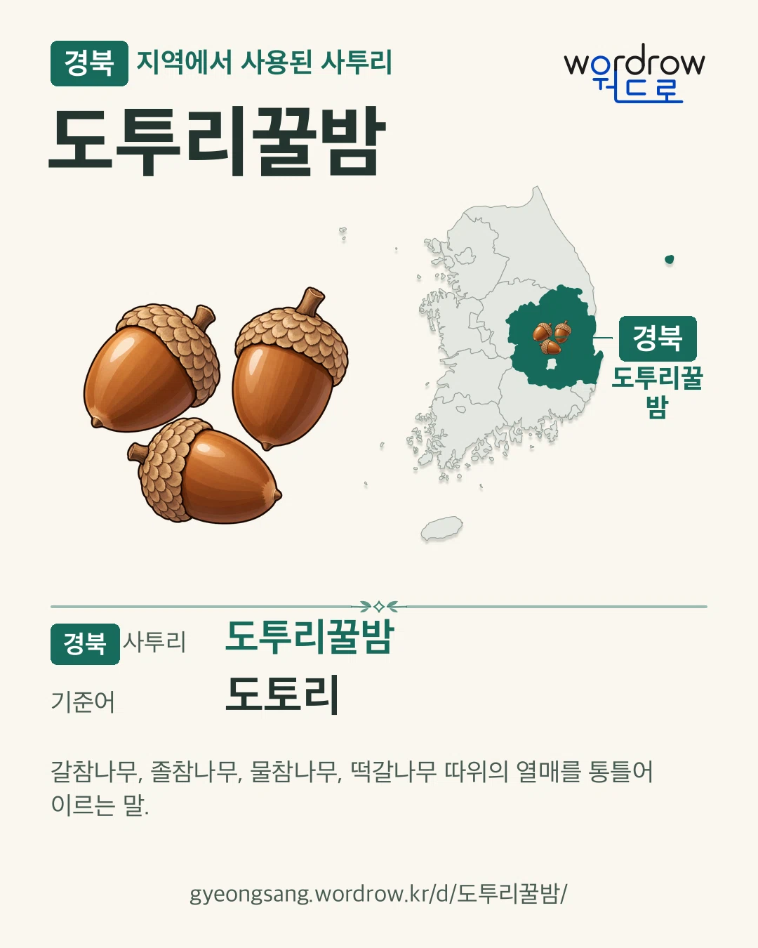 경북 지역에서 사용된 사투리 ‘도투리꿀밤’. 기준어: 도토리. 기록 지역을 표시한 카툰 삽화와 지도 카드.