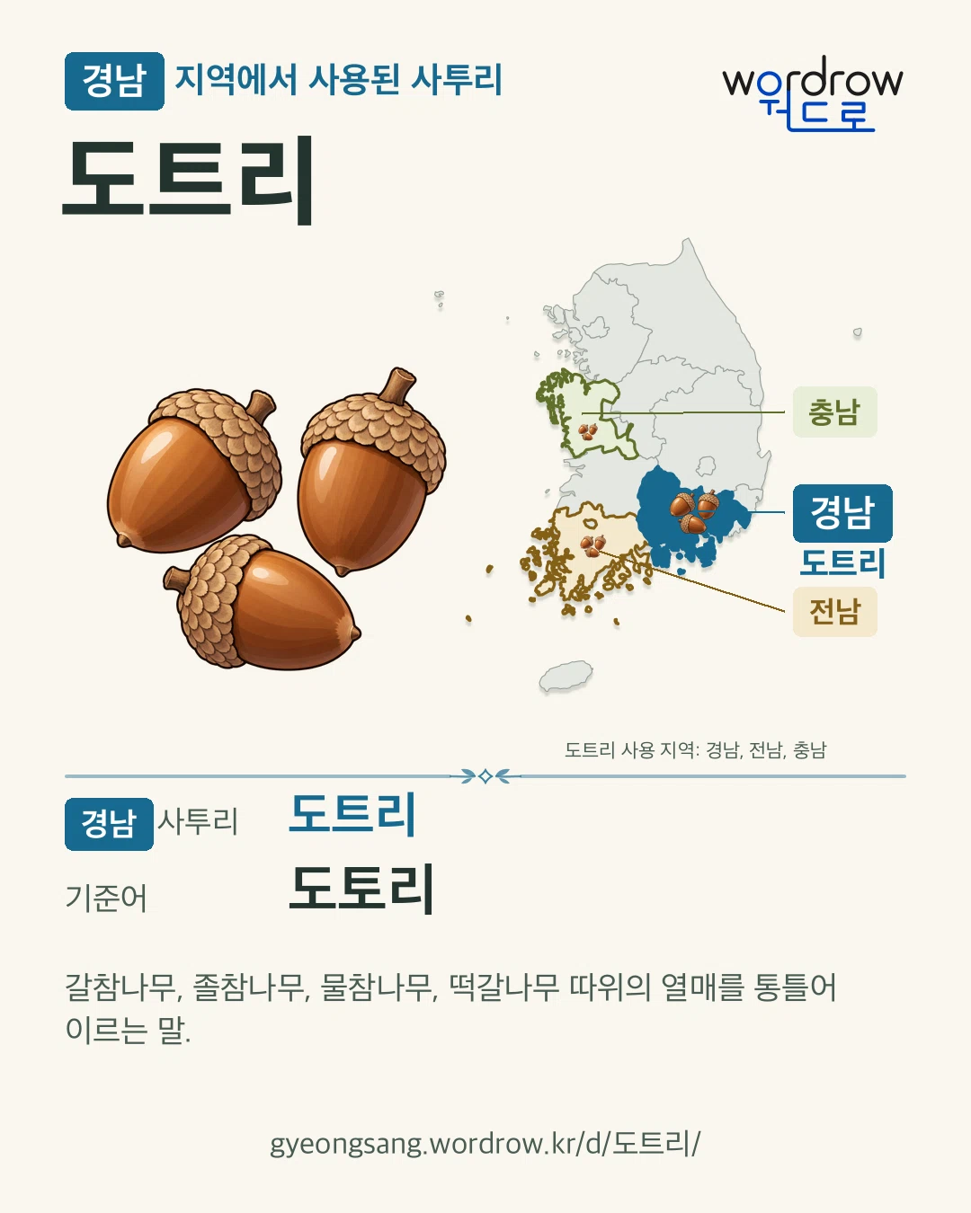 경남 지역에서 사용된 사투리 ‘도트리’. 기준어: 도토리. 기록 지역을 표시한 카툰 삽화와 지도 카드.
