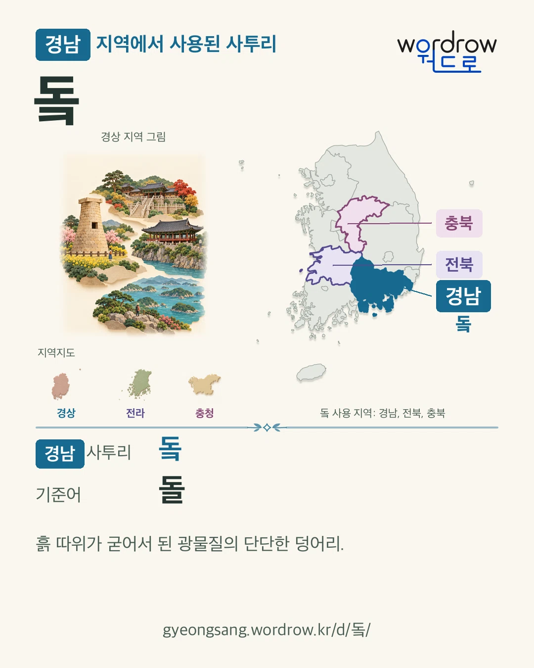 경남 지역에서 사용된 사투리 ‘돜’. 기준어: 돌. 기록 지역을 표시한 지역 그림과 지도 카드.