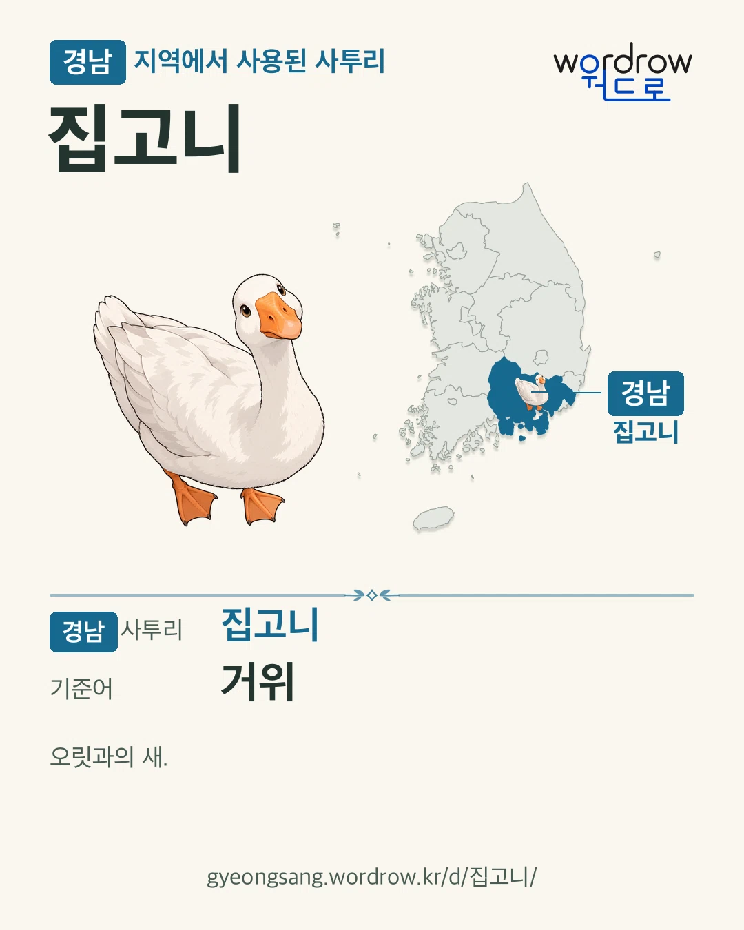 경남 지역에서 사용된 사투리 ‘집고니’. 기준어: 거위. 기록 지역을 표시한 카툰 삽화와 지도 카드.