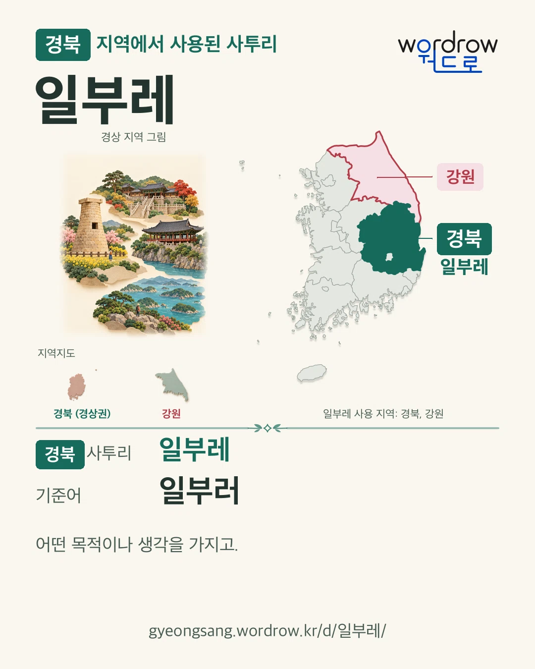 경북 지역에서 사용된 사투리 ‘일부레’. 기준어: 일부러. 기록 지역을 표시한 지역 그림과 지도 카드.