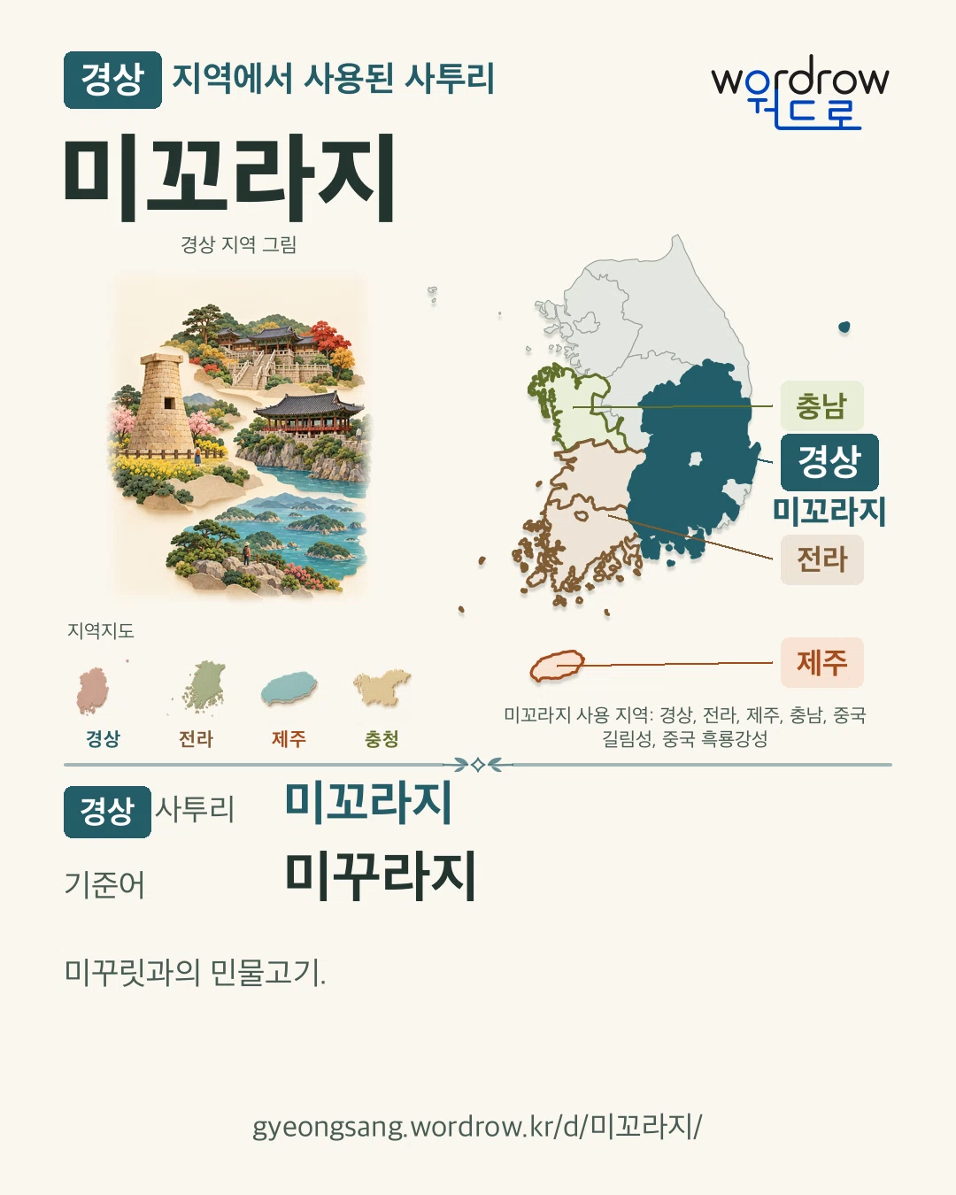 경상 지역에서 사용된 사투리 ‘미꼬라지’. 기준어: 미꾸라지. 기록 지역을 표시한 지역 그림과 지도 카드.