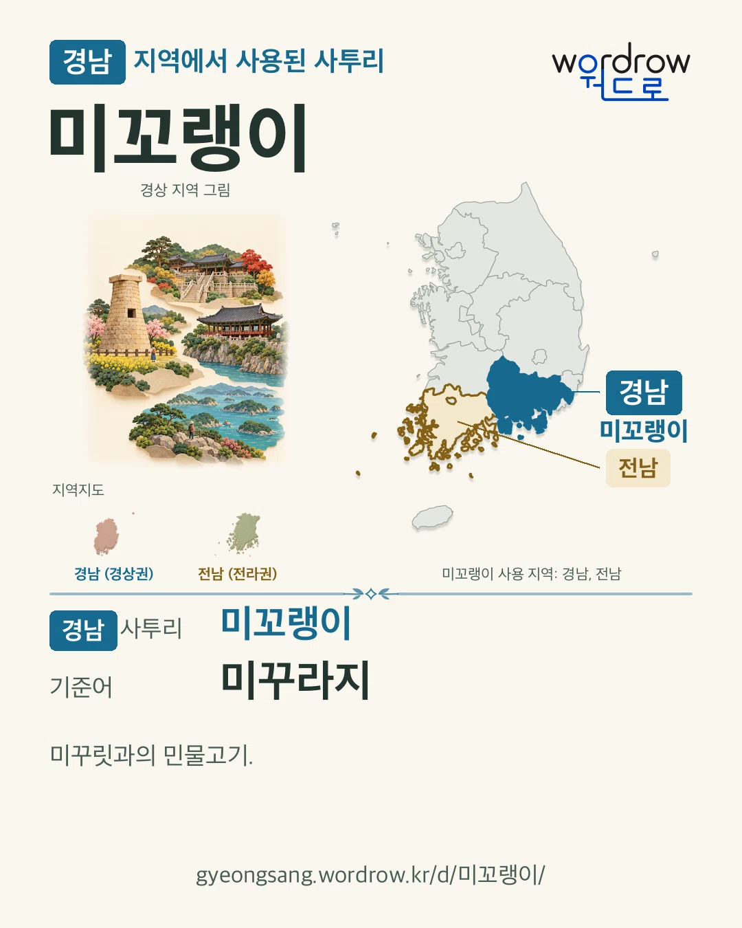 경남 지역에서 사용된 사투리 ‘미꼬랭이’. 기준어: 미꾸라지. 기록 지역을 표시한 지역 그림과 지도 카드.
