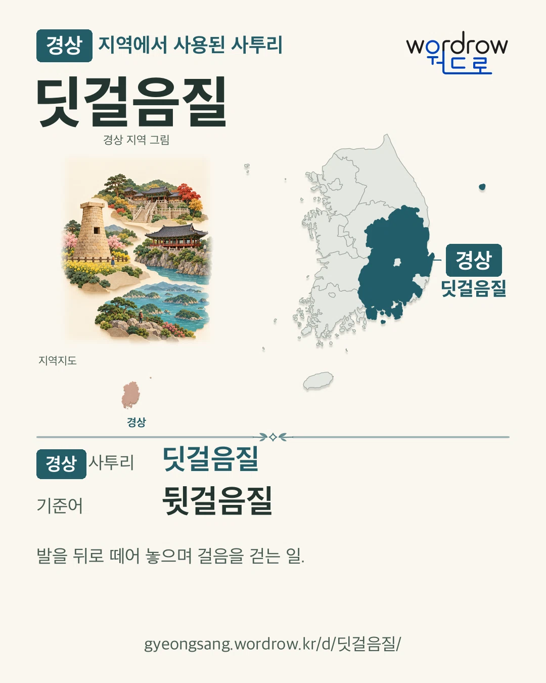 경상 지역에서 사용된 사투리 ‘딧걸음질’. 기준어: 뒷걸음질. 기록 지역을 표시한 지역 그림과 지도 카드.